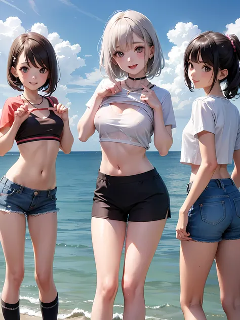 ((highest quality)), ((masterpiece)), (Cute baby girl), (3 girls:1.3), cute three girls are posing for a camera outdoors in the water, shirtをつかむ, stand side by side, (Close-up shot from the knee:1.3), perfect face, smile, (open your mouth and smile:1.3), e...