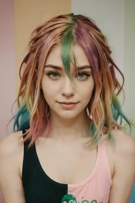 arafed woman with pink and green hair and hazel eyes, green and pink, wavy hair, colored hair, half & half hair dye, dyed hair, brightly coloured hair, two color hair, multicolored hair, half and half hair dye, pink and green, green hair, two tone hair dye...