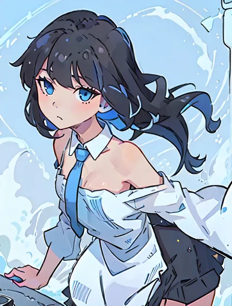 1 girl, black hair, (blue eyes), White shirt, blue tie, bare shoulders, nude apron, Slit sleeves