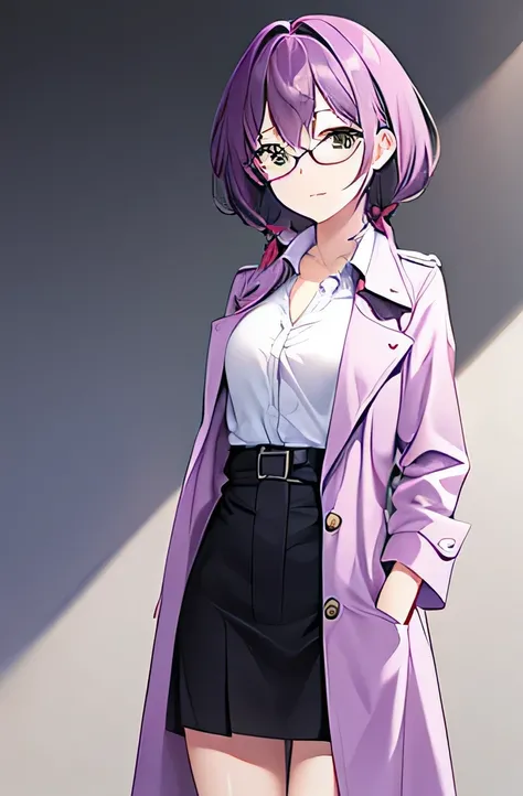 purple hair, ((small breasts)), wearing glasses, expensive, white shirt, ocher trench coat