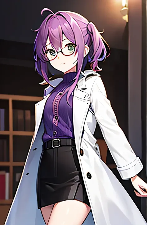 purple hair, ((small breasts)), wearing glasses, expensive, white shirt, ocher trench coat