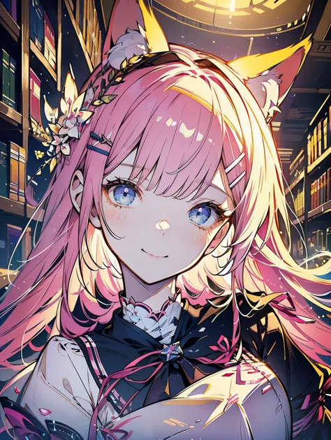 masterpiece))), (((best quality))), ((ultra-detailed)), (illustration), (detailed light),((an extremely delicate and beautiful)),(beautiful detailed eyes),1girl, light smile,animal ears, hair clip, serafuku, looking_at_viewer, hairclip, library