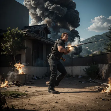 (best quality,4k,8k,highres,masterpiece:1.2),ultra-detailed,realistic:1.37,arnold schwarzenegger,brutal,vivid colors,sharp focus,rpg-7, grenade launcher, shooting,burst fire,empty casings dropped down ,explosions on background,dramatic lighting,strong shad...