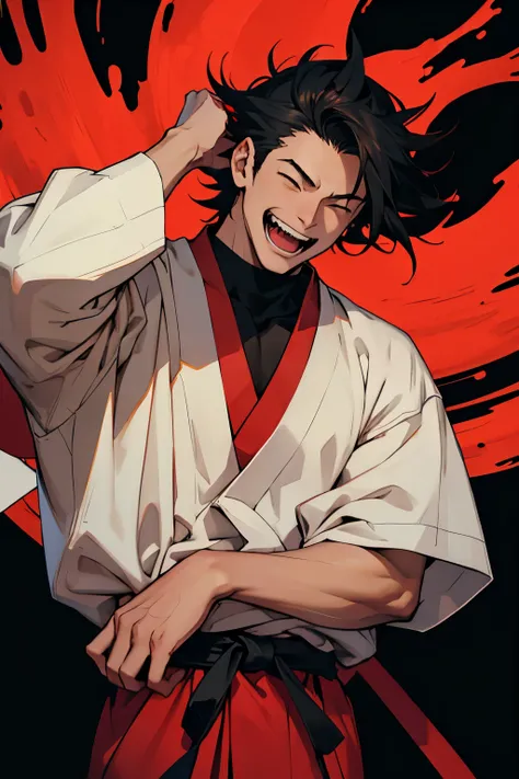 anime, anime traditional man, he laughs at himslef thinking hes been living self victimised life, crazy laughing, black and red stormy background