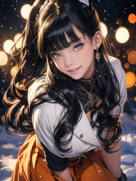 captivating scene featuring a beautiful anime-style girl with distinct features, set against a winter wonderland backdrop. The girl will have black hair styled in a ponytail, single eyelids, and hooded, sultry, deep set, captivating eyes of a striking dark...