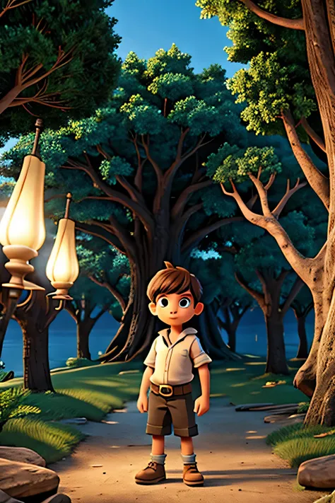 light level: dim. highly detailed. dynamic lighting. cinematic. detailed. denoised. 5 - 7 years old Boy (human) named Aras setting foot on the mysterious island, eyes wide with excitement and curiosity. Theres an ancient, enormous tree in the center, encha...