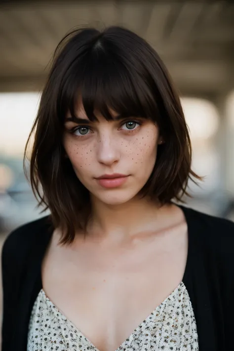 super cute brunette woman in dark theme, freckle 