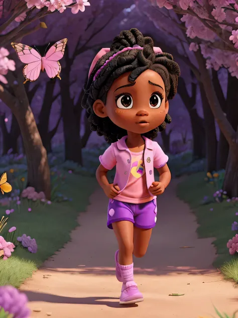 black girl running after a butterfly in a pink shirt and purple onesie and a stuffed unicorn in a magical purple forest