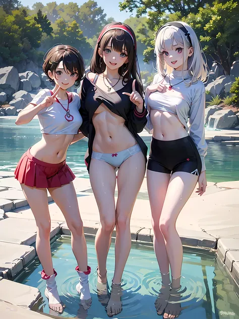 ((highest quality)), ((masterpiece)), (Cute baby girl), (3 girls:1.3), cute three girls are posing for a camera outdoors in the water, shirtをつかむ, stand side by side, (Close-up shot from the knee:1.3), perfect face, smile, (open your mouth and smile:1.3), e...