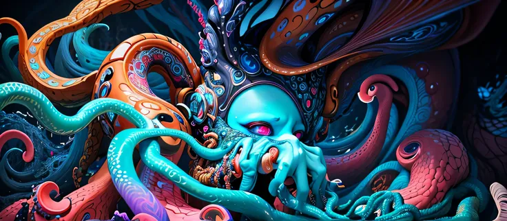 painting of a giant octopus with a chain around its neck, aesthetics of art nychos, estilo e mumford e alex grey, Nychos, James Jean!!!, James Jean Arte, estilo James Jean, James Jean Artework, vivid tentacles, Tiago Jean ", detalhes finos. anime. tentacle...