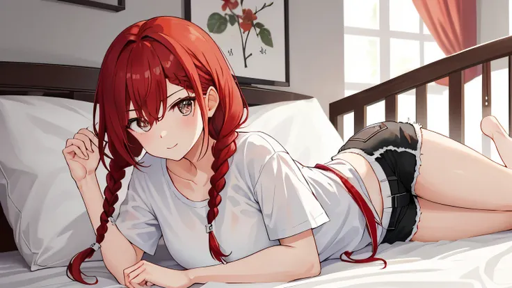 1girl, sexy, hyper big, ((wearing short black shorts, bauchfrei, wearing a short white shirt, wears high black trumps)), ((has two braids, red hair, ein gelbes und ein rotes auge)), thicc, Beautiful girl, 8k, best quality, perfect breasts, verschwitzt, nas...