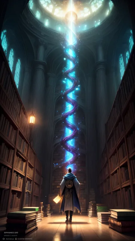 image of a wizard man standing in a magical library with books, endless books, borne space library artwork, books cave, fantasy book illustration, spiral shelves full of books, infinite celestial library, an eternal library, gothic epic library concept, ma...