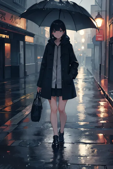 A girl walking in a rainy night, wearing a coat and putting her hands in the pockets. (best quality,ultra-detailed,realistic),night scene,dark colors,rainy street,reflective wet pavements,shimmering streetlights,moody atmosphere,misty surroundings,glowing ...