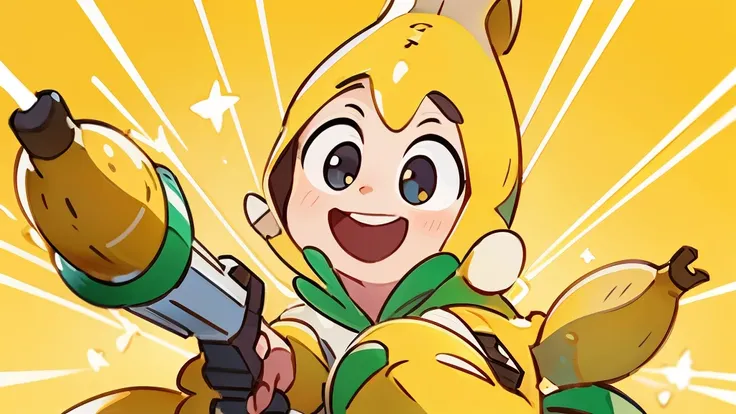 yellow background, high detailed, fornite banana costume, shooting aimlab, guns, bananas, laughing, big eyes, smile, in a close view, front