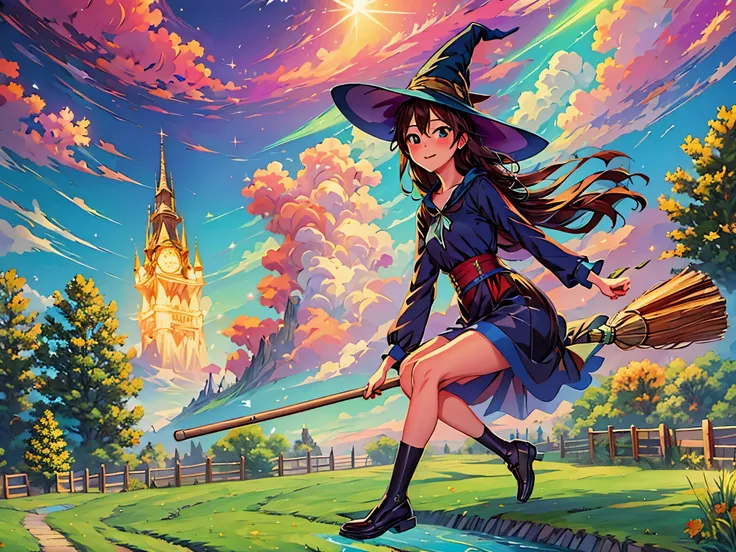 (masterpiece, highest quality:1.2), 1 girl, alone,flying witch,broom ride,night sky,star,beautiful,sparkle,detailed,aurora