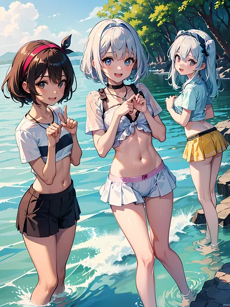 ((highest quality)), ((masterpiece)), (cute baby girl), (3 girls:1.3), cute three girls are posing for a camera outdoors in the ...