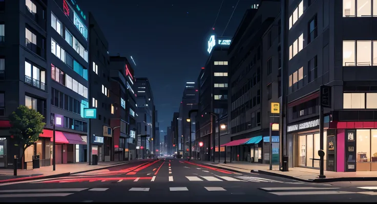 a sequence of buildings, cuberpunk style, a road, side view, no cars, lights