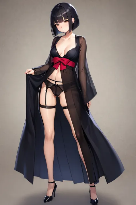 ,hakama, silk stocking , nylon , pumps, heel, high quality, ,black hair ,beautiful ,silky , see-through , black satin,, shiny, glossy, skin stocking ,luster, bob cut, short hair , Garter belt , t-back , camel toe, Hips sticking out, bow-legged