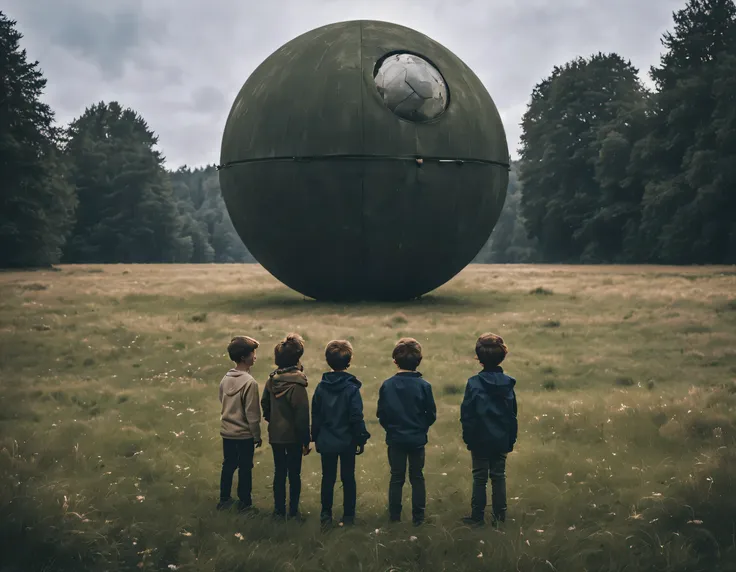 children in the field stand in front of mysterious sphere-shaped objects.