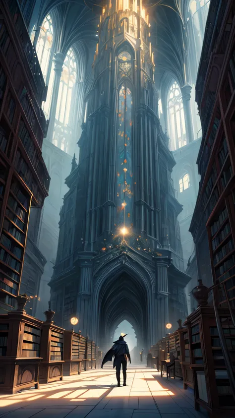 image of a wizard man standing in a magical library with books, endless books, borne space library artwork, books cave, fantasy book illustration, spiral shelves full of books, infinite celestial library, an eternal library, gothic epic library concept, ma...