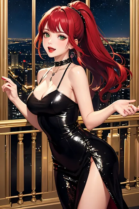  Beautiful  21 year old slim white female,  vampire fangs, shoulder length  red hair ponytail, red smooth lips,deep green eyes, wearing long black sequin dress, sapphire choker necklace, beckoning someone to come, cityscape night, entering a grand hotel, 