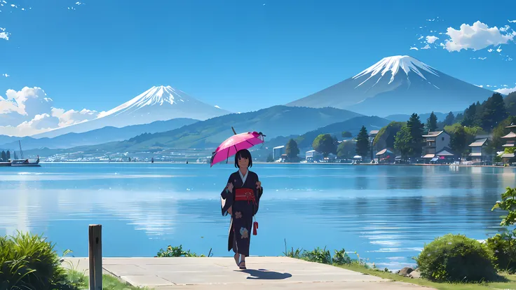 top-quality、Lakeside in front of the mountain. Fuji、girl with、独奏、Smile on the screen、Walk along the lakeside、⁸Daytime、夏天、Kimono、Open the parasol、Beautiful blue sky、 --auto