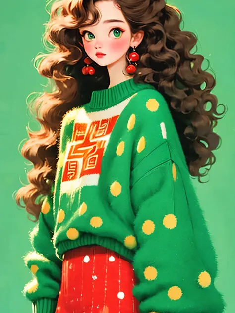 (masterpiece, best quality:1.2),a beautiful girl，Skin detail processing，The eyes are finely described，Delicate hair，wavy hair，Loose and slouchy sweater，Geometric patterns，Sweater details，hairy，Warm，skirt，Retro contrasting colors，clean background，green，blue...