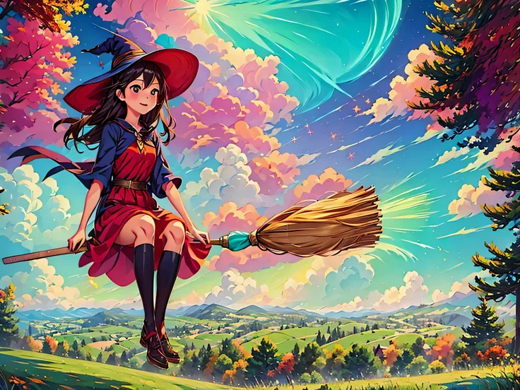 (masterpiece, highest quality:1.2), 1 girl, alone,flying witch,broom ride,nice background,outdoor,magic effect,light,beautiful,s...