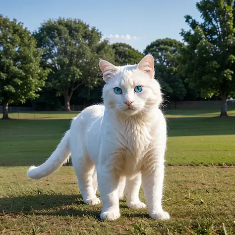 A white cat with thick fur and blue eyes standing on the grass 