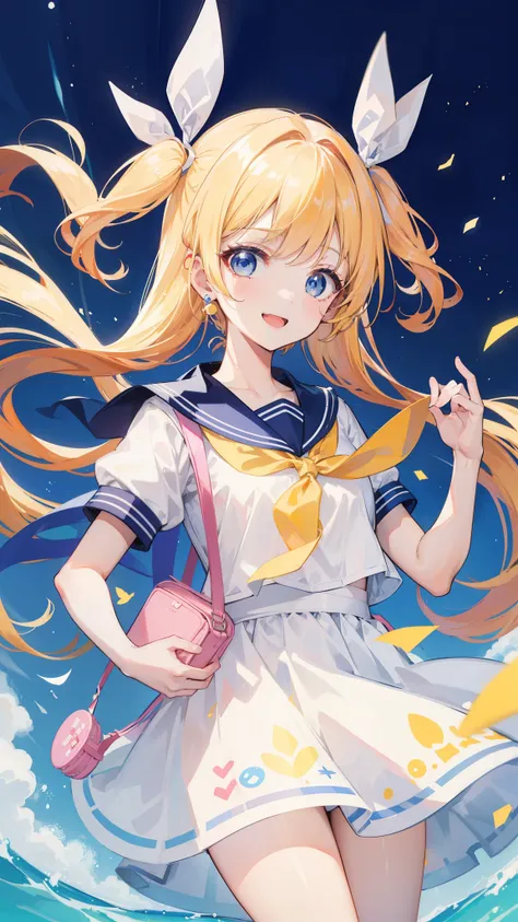 32k, ong hair, looking at viewer, smile, open mouth, bangs, blue eyes, multiple girls, blonde hair, dress, ribbon, holding, 2girls, hair ribbon, short sleeves, :d, food, sailor collar, bag, white dress, two side up, twins, yellow ribbon, macaron,