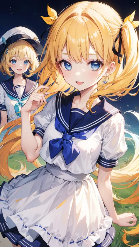 32k, ong hair, looking at viewer, smile, open mouth, bangs, blue eyes, multiple girls, blonde hair, dress, ribbon, holding, 2girls, hair ribbon, short sleeves, :d, food, sailor collar, bag, white dress, two side up, twins, yellow ribbon, macaron,