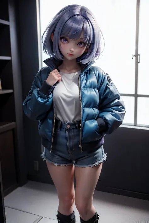 (whole body : 1.5), one girl, pale blue-purple hair, full body, white background, blue-purple eyes, mole on right cheek, bob cut, figure wearing blue-green down jacket and white shirt, anime moe art style, highly detailed character, stylized anime, visual ...