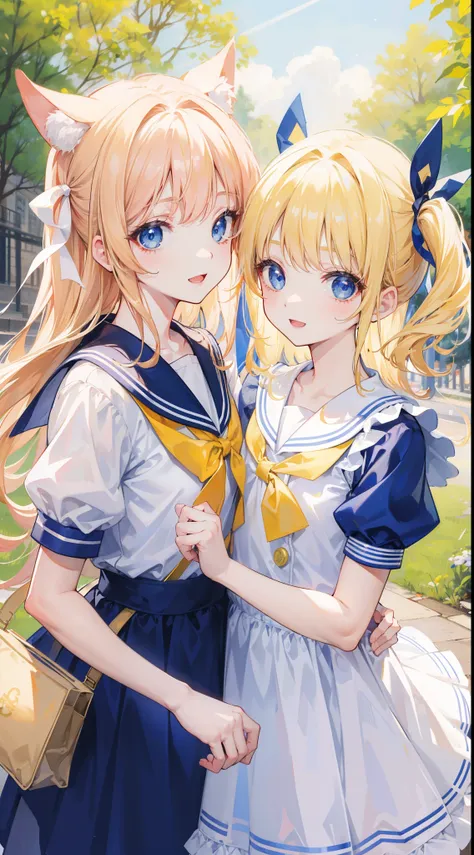 32k, ong hair, looking at viewer, smile, open mouth, bangs, blue eyes, multiple girls, blonde hair, dress, ribbon, holding, 2girls, hair ribbon, short sleeves, :d, food, sailor collar, bag, white dress, two side up, twins, yellow ribbon, macaron,