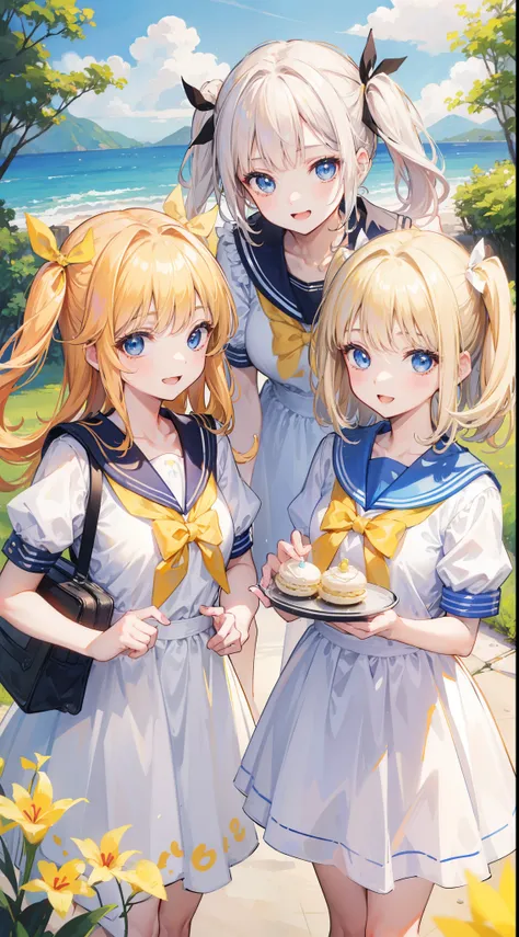 32k, ong hair, looking at viewer, smile, open mouth, bangs, blue eyes, multiple girls, blonde hair, dress, ribbon, holding, 2girls, hair ribbon, short sleeves, :d, food, sailor collar, bag, white dress, two side up, twins, yellow ribbon, macaron,