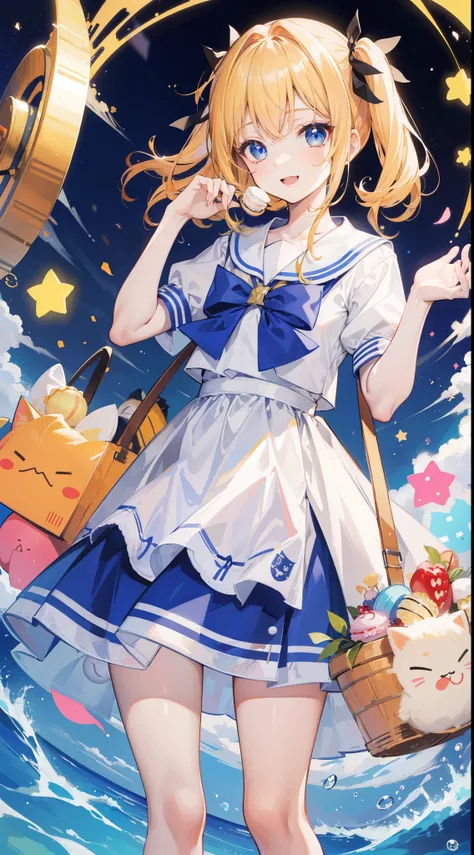 32k, ong hair, looking at viewer, smile, open mouth, bangs, blue eyes, multiple Children, blonde hair, dress, ribbon, holding, 2Children, hair ribbon, short sleeves, :d, food, sailor collar, bag, white dress, two side up, twins, yellow ribbon, macaron,