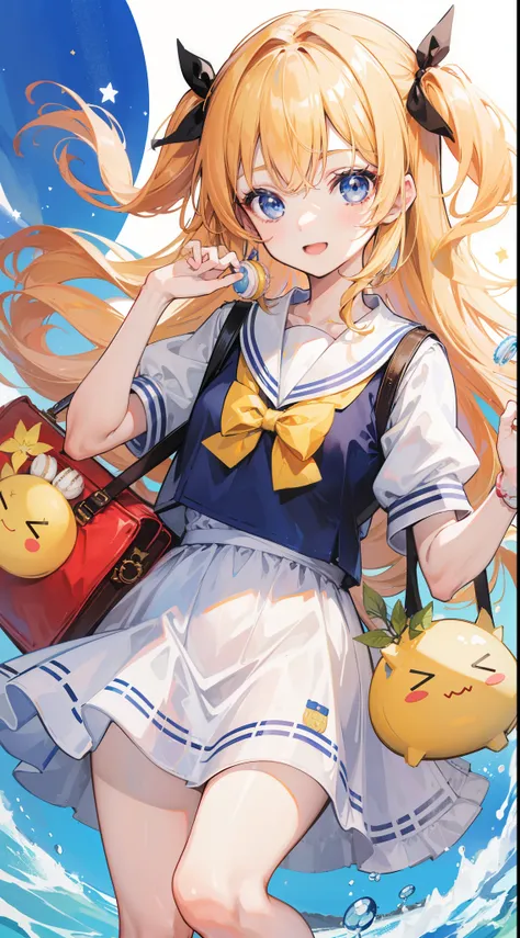 32k, ong hair, looking at viewer, smile, open mouth, bangs, blue eyes, multiple Children, blonde hair, dress, ribbon, holding, 2Children, hair ribbon, short sleeves, :d, food, sailor collar, bag, white dress, two side up, twins, yellow ribbon, macaron,