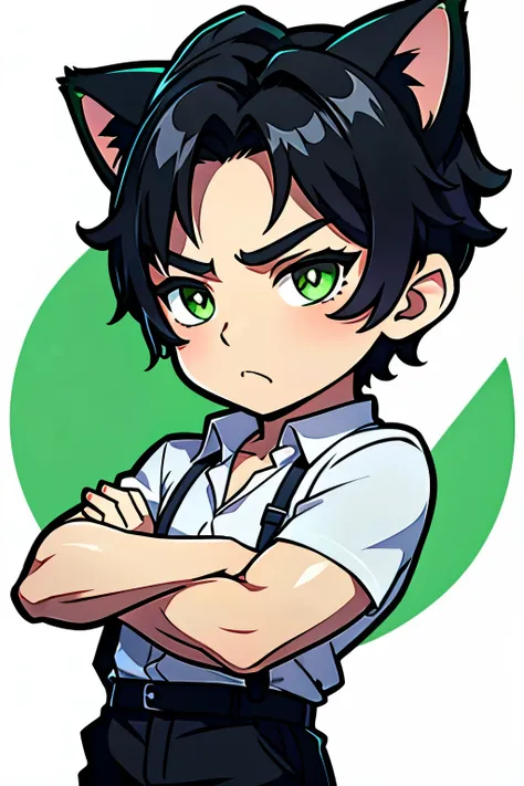 chibi young man with black hair and green eyes pouting and crossing arms, cat ears and pupils, white shirt