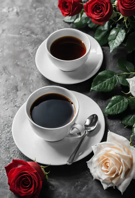 black and white photo of a a cup of coffee,A bouquet of red roses flat lay. Flick, Art, hot coffee, steaming coffee, full of steaming coffee, a cup of coffee, ☕ on the table, morning coffee, Yes ((drink a tea)), black and white), coffee smell, Drink coffee...