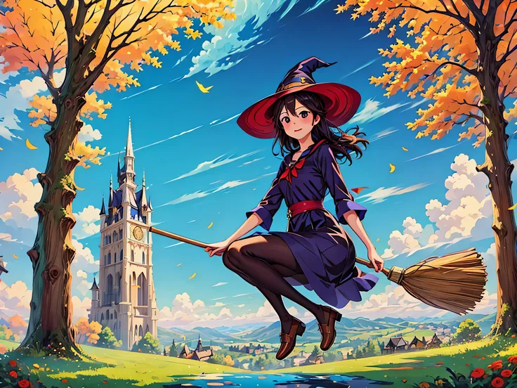 (masterpiece, highest quality:1.2), 1 girl, alone,flying witch,broom ride,nice background,outdoor,magic effect,light,beautiful,s...