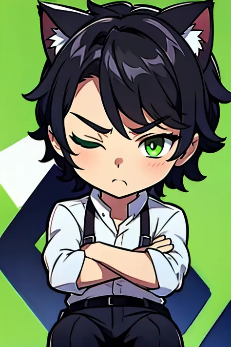 chibi young man with black hair and green eyes pouting and crossing arms, cat ears and pupils, white shirt, one eye closed