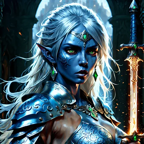 fantasy art, dnd art, RPG art, wide shot, (masterpiece: 1.4) a (portrait: 1.5) intense details, highly detailed, photorealistic, best quality, highres, portrait a female (fantasy art, Masterpiece, best quality: 1.3) ((blue skin: 1.5)), intense details faci...