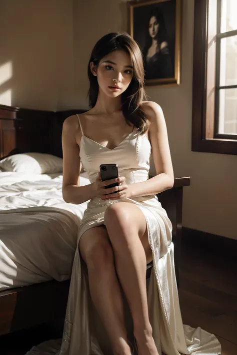 Masterpiece, highest quality, high resolution image of a young woman in a full body shot, elegantly clad in an elegant dress, her hand holding a sleek cell phone as she looks directly into the camera lens with a pensive expression. The wedding ring on her ...