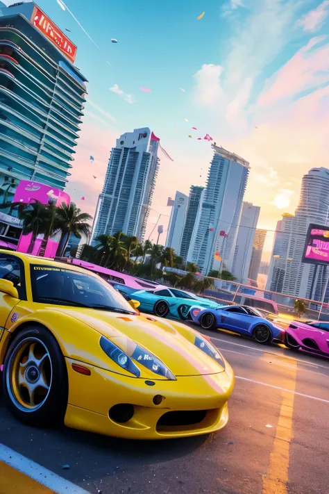 bright sunny day beautiful cloudy sky sunset sports car racing down cyberpunk Miami city streets neon signs and crowds confetti debris dust wind fog volumetric exciting epic action camera, (obra de arte:1.2) (fotorrealista:1.2) (Bokeh) (melhor qualidade) (...