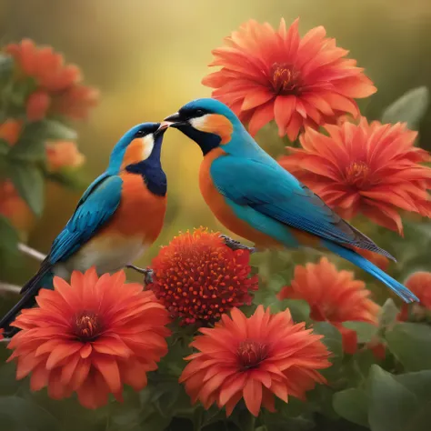 Beautiful birds standing on flowers, Talking with a mouth in his lap