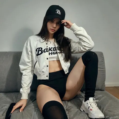 Best quality perfect face for a girl 23 years old long straight hair baseball cap jacket（black） Tall, long-legged, thick-legged thigh socks on the sofa（black）Basketball shoes sitting position