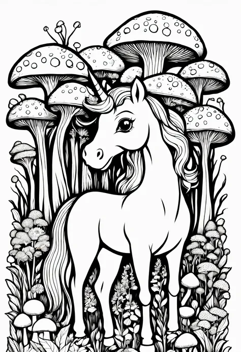 livro de colorir, desenho de linha, (coloring page:1.6) cute unicorn from the mushroom forest: among whimsical mushrooms and fai...