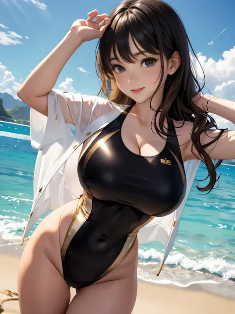 (4k、highest quality)、(realistic、Photoreal)、(Yakian)、
1 girl、solo、whole body、Rear view、(looking back)、
perfect hands、look up_in_viewer、
white shirt、
家の外in、sandy beach、detailed face、best smile、long brown wavy hair,(huge breasts, cleavage:1.2),(Two-tone black...