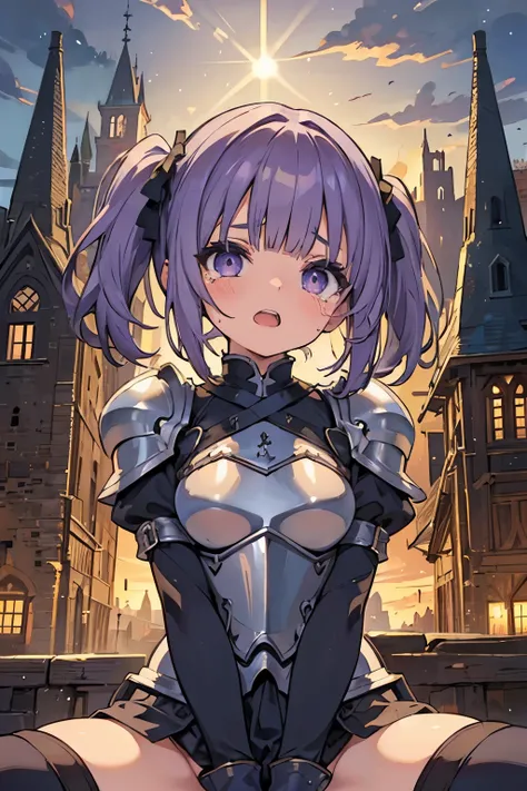 masterpiece, medieval townscape　horizon　night, sunlight, 1 girl, gray eyes, purple hair, ((spread legs)), crying face, blunt bangs, twintails, short hair,　 ((front)),　Upper body,open mouth, scared, standing, spread legs, hands behind head, longsword, armor...