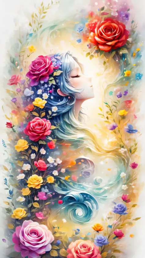 (side face beauty,long colored hair,close eyes,masterpiece roses),rainbow color background, (illustration:1.2,paper art:1.2, zen...