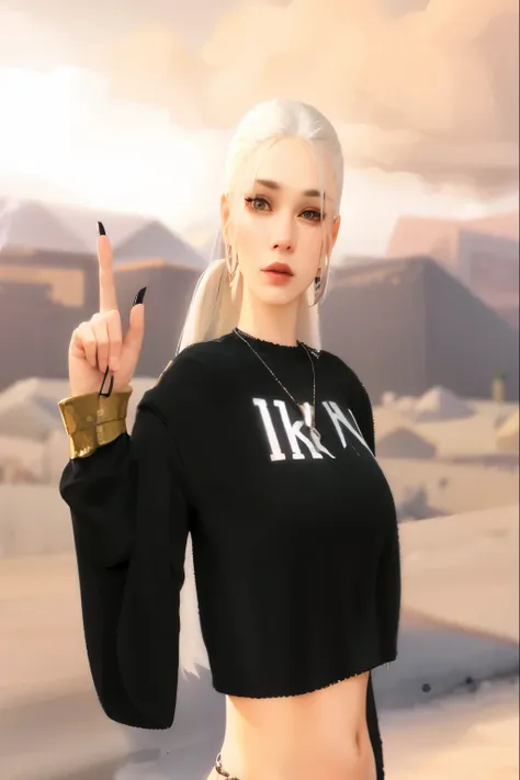 white-haired woman with a black shirt with ikon written on it, a necklace with the letter k and her arm raised with big nails